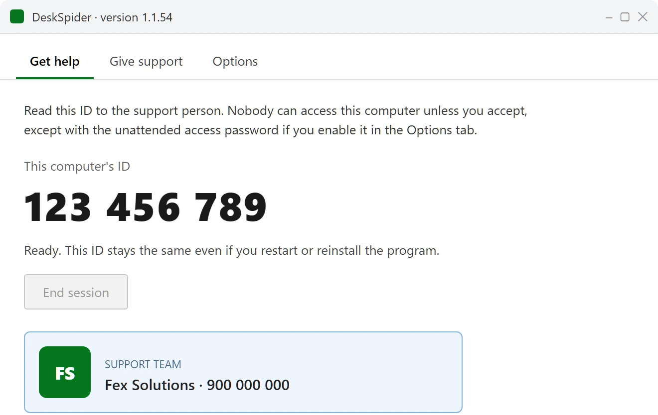 DeskSpider "Get help" screen, showing the computer ID